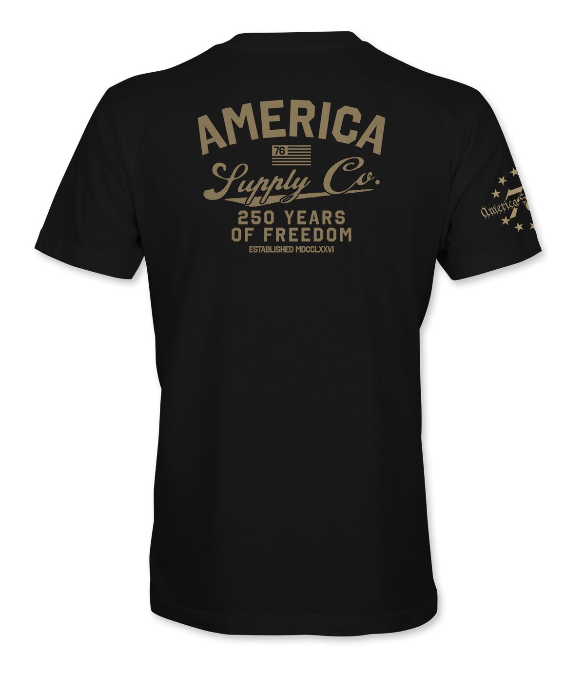 The Alex Jones Store - Back of black America Supply Co 250 Years Of Freedom t-shirt with tan vintage text print and stars sleeve detail