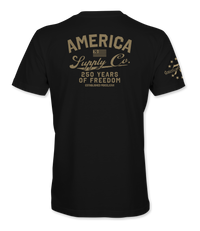 The Alex Jones Store - Back of black America Supply Co 250 Years Of Freedom t-shirt with tan vintage text print and stars sleeve detail