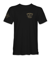 The Alex Jones Store - Front of black America Supply Co 250 Years Of Freedom t-shirt with small tan left-chest logo and stars sleeve print