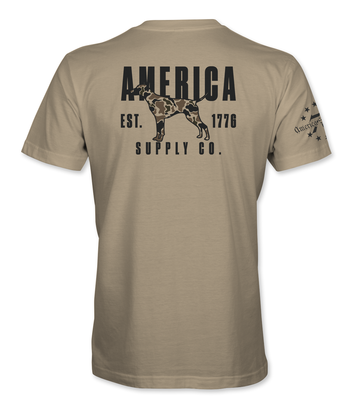 The Alex Jones Store - Back of tan America Supply Co Hunting Dog t-shirt with black camo-filled pointer dog and Est. 1776 banner print