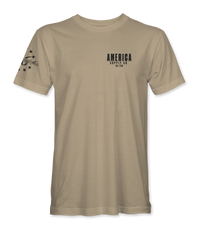 The Alex Jones Store - Front of tan America Supply Co Hunting Dog t-shirt with small left-chest America Supply Co Est. 1776 logo