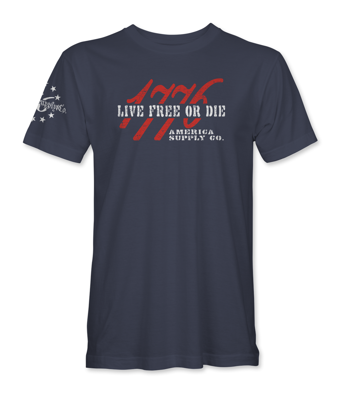 The Alex Jones Store - Front of navy Live Free Or Die t-shirt with distressed red 1776 numerals layered behind white slogan text