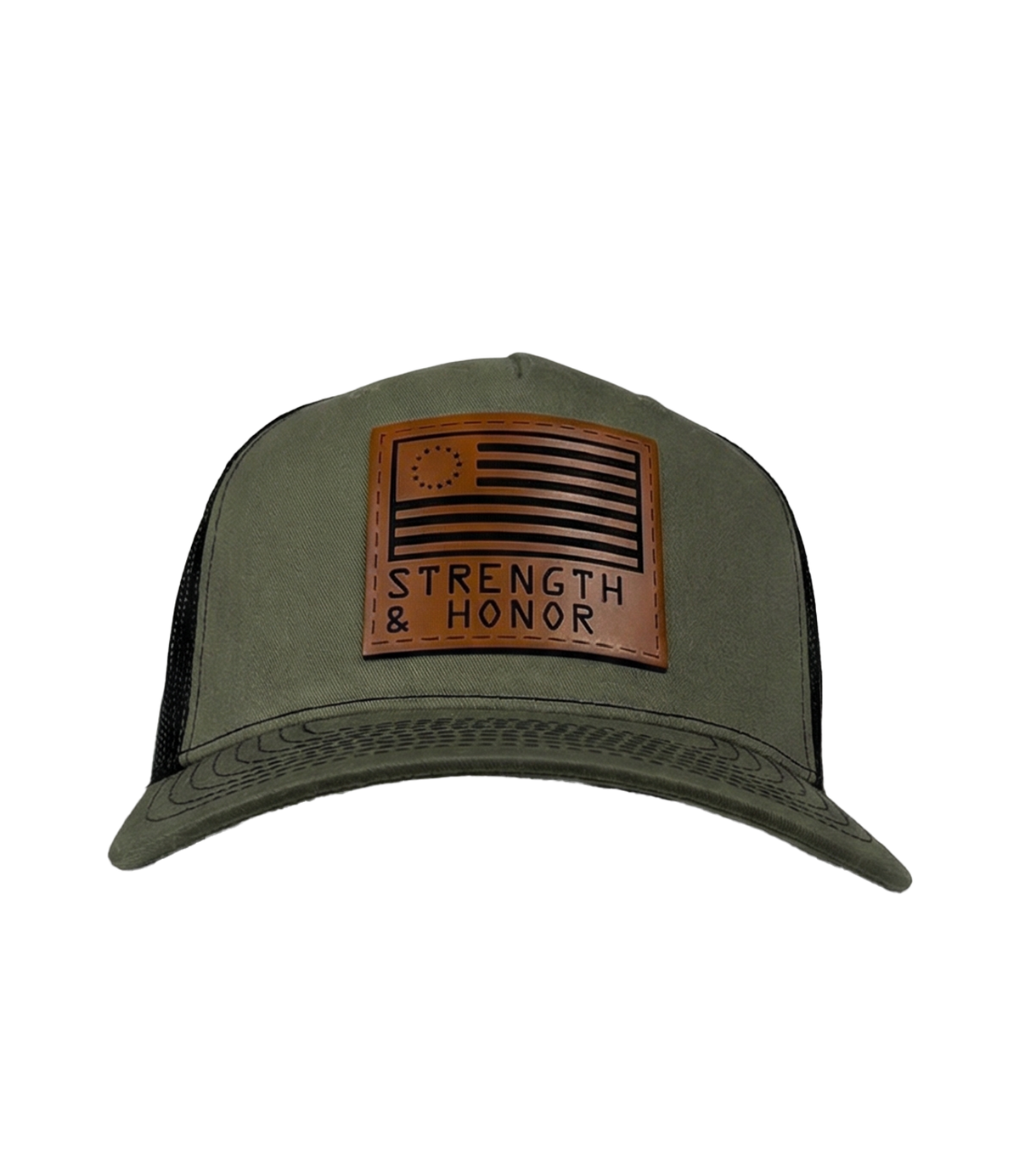 The Alex Jones Store - Front view of olive green Strength & Honor leather patch trucker hat with Betsy Ross flag and slogan on black mesh