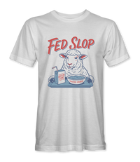 The Alex Jones Store - White 'Fed Slop' t-shirt with cartoon sheep eating from bowl labeled 'Trusted Source' and 'Official Story' juice box