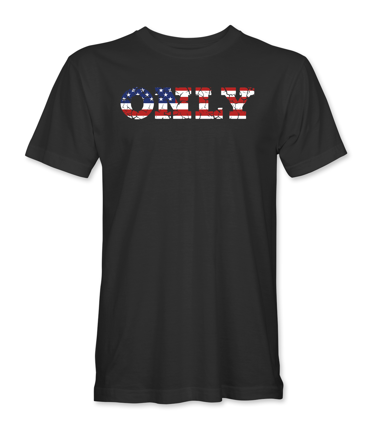 The Alex Jones Store - Front of black America Only Flag t-shirt with ONLY in block letters filled with a weathered American flag