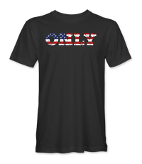 The Alex Jones Store - Front of black America Only Flag t-shirt with ONLY in block letters filled with a weathered American flag