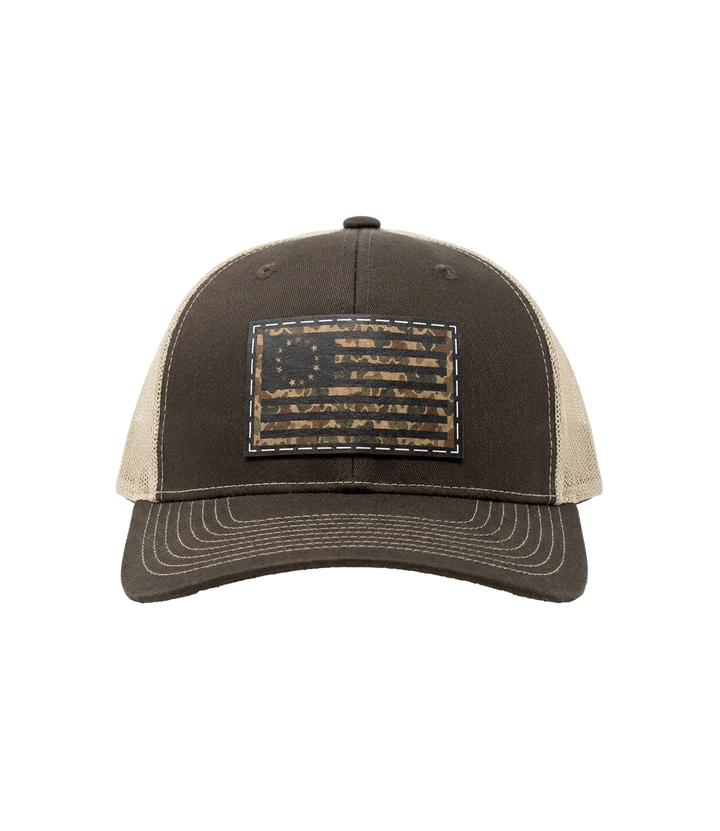 Betsy Ross Camo Flag Leather Patch Trucker Hat