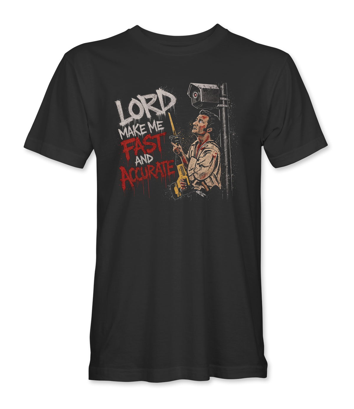 The Alex Jones Store - Front of black Lord Make Me Fast And Accurate t-shirt with surveillance camera graphic