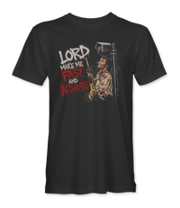 The Alex Jones Store - Front of black Lord Make Me Fast And Accurate t-shirt with surveillance camera graphic