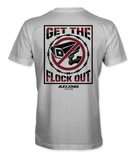 The Alex Jones Store - Back of white Get The Flock Out t-shirt with crossed-out surveillance camera and barbed wire design