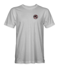 The Alex Jones Store - Front of white Get The Flock Out t-shirt with small left-chest no-surveillance-camera logo