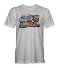 The Alex Jones Store - Front of white Greetings From The Gulf of America retro postcard t-shirt