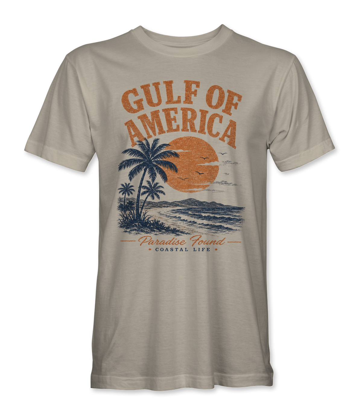 The Alex Jones Store - Front of tan Gulf of America Paradise Found sunset and palm trees t-shirt