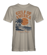 The Alex Jones Store - Front of tan Gulf of America Paradise Found sunset and palm trees t-shirt