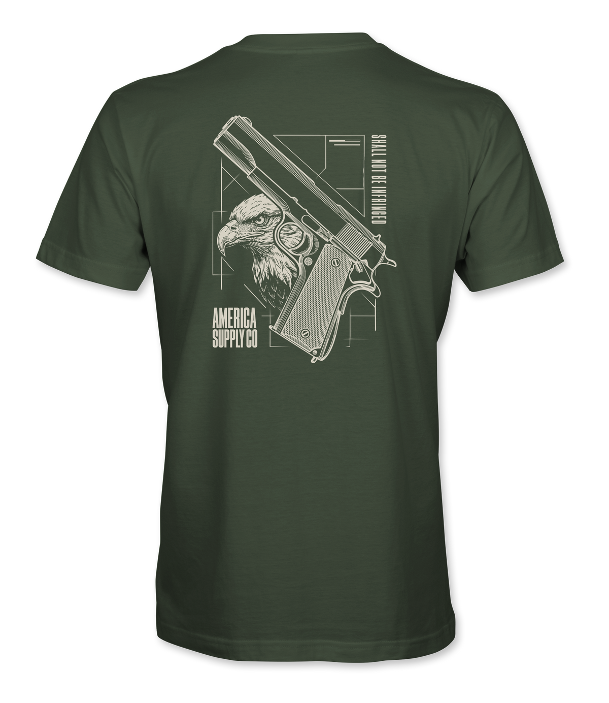 The Alex Jones Store - Back of olive green Shall Not Be Infringed t-shirt with bald eagle and 1911 pistol blueprint design