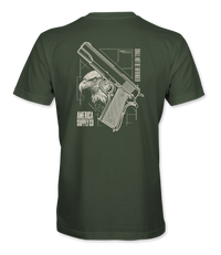 The Alex Jones Store - Back of olive green Shall Not Be Infringed t-shirt with bald eagle and 1911 pistol blueprint design