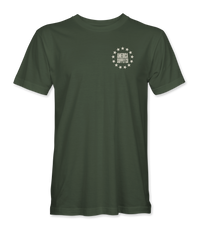 The Alex Jones Store - Front of olive green Shall Not Be Infringed t-shirt with small left-chest thirteen-star ring