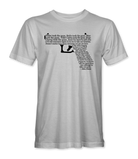 The Alex Jones Store - Front of white Alex Jones Gun Rant t-shirt with the full quote typeset in the shape of a pistol