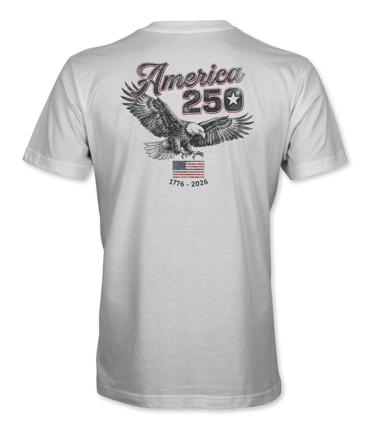The Alex Jones Store - Back view of white America 250 Flying Eagle t-shirt with vintage eagle graphic, '1776-2026' text and American flag print