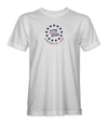 The Alex Jones Store - White unisex tee with navy '1776/2026 America 250' circular star wreath emblem on front chest, premium ringspun cotton