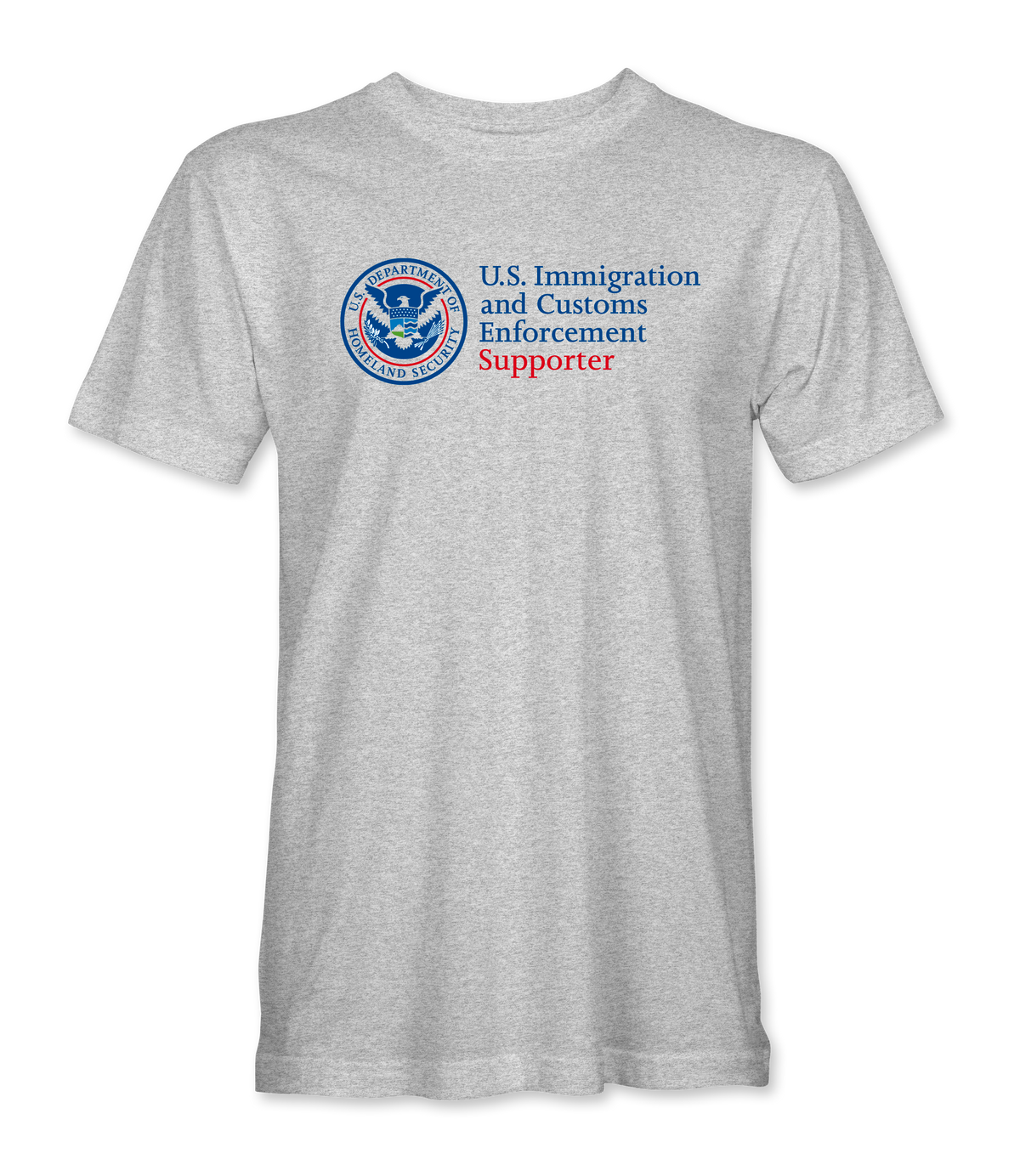 The Alex Jones Store - U.S. ICE Supporter T-Shirt — Heather grey 'U.S. Immigration and Customs Enforcement Supporter' t-shirt with official DHS seal on chest