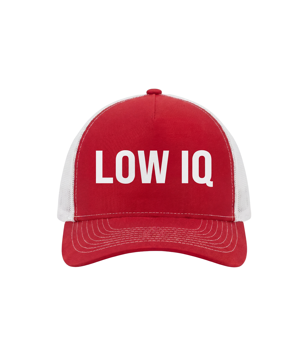 The Alex Jones Store - Red and white 'Low IQ' Limited Edition trucker hat with bold white text on structured red front and white mesh back
