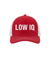 The Alex Jones Store - Red and white 'Low IQ' Limited Edition trucker hat with bold white text on structured red front and white mesh back