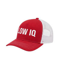 The Alex Jones Store - Side angle of red and white 'Low IQ' Limited Edition trucker hat showing pre-curved visor and mesh back panel