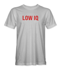 The Alex Jones Store - White 'Low IQ' Limited Edition t-shirt with bold red block lettering across the front chest, unisex premium tee