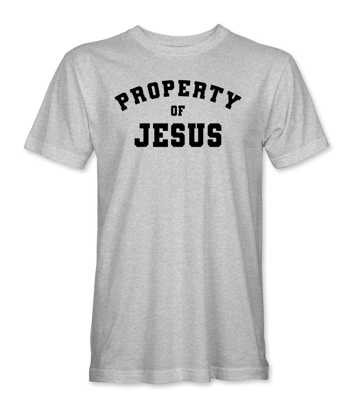 The Alex Jones Store - Heather grey Property Of Jesus t-shirt with large arched black collegiate-style chest text design