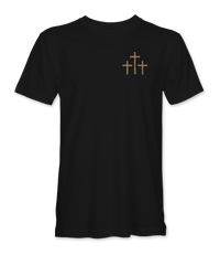 The Alex Jones Store - Front of black 'A Lot Can Happen In Three Days' t-shirt with small tan three-crosses graphic at left chest