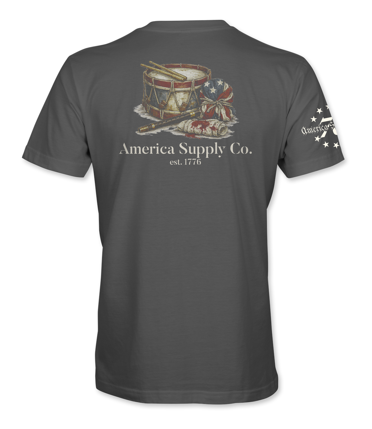 The Alex Jones Store - Back view of gray America Supply Co. 'Est. 1776' t-shirt with vintage drum, fife, and American flag print