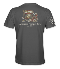 The Alex Jones Store - Back view of gray America Supply Co. 'Est. 1776' t-shirt with vintage drum, fife, and American flag print