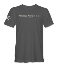 The Alex Jones Store - Front view of gray America Supply Co. 'Est. 1776' t-shirt with center chest text and stars sleeve detail