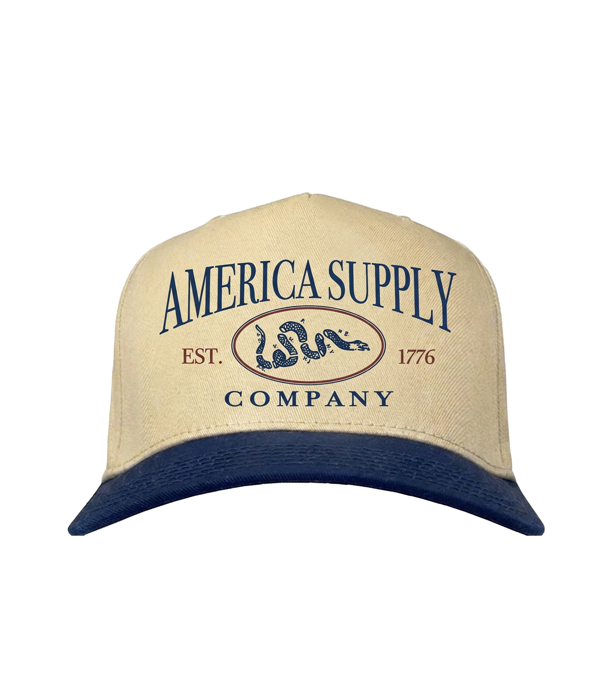 The Alex Jones Store - Tan and navy two-tone America Supply Co. 'Est. 1776' Trucker Hat with rattlesnake oval logo, front view