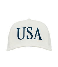 The Alex Jones Store - White 'USA' Premium Trucker Hat with navy serif USA lettering on structured front panel, front view