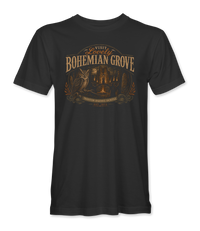 The Alex Jones Store - black Bohemian Grove t-shirt with a vintage travel label reading VISIT Lovely BOHEMIAN GROVE over an owl, a bonfire and TRADITION REQUIRES SACRIFICE