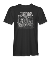 The Alex Jones Store - black George's Demolition Services t-shirt with a vintage engraved advertisement for GEORGE'S DEMOLITION SERVICES — DISCRETE CONTROLLED DEMOLITIONS