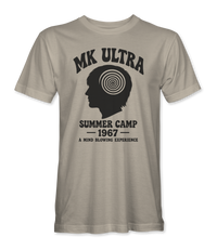 The Alex Jones Store - sand MK Ultra Summer Camp t-shirt with arched MK ULTRA wordmark over a hypnotic spiral inside a profile silhouette, with SUMMER CAMP 1967 beneath
