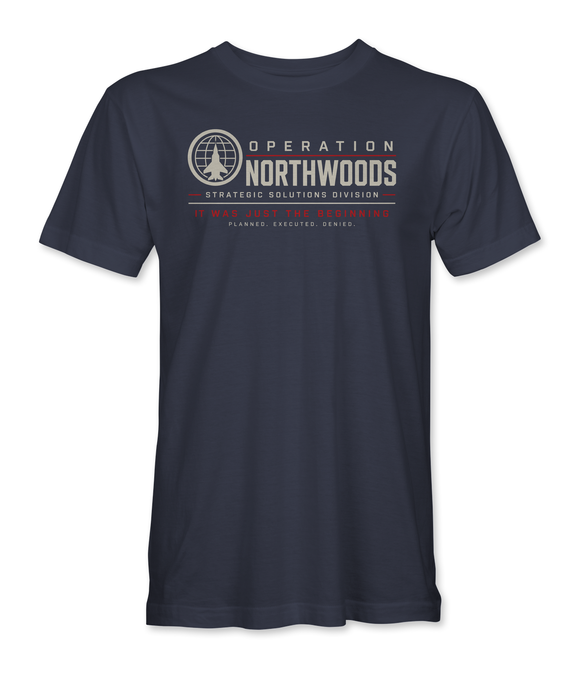 The Alex Jones Store - navy Operation Northwoods t-shirt with a globe-and-fighter-jet roundel beside OPERATION NORTHWOODS, with PLANNED. EXECUTED. DENIED. underneath