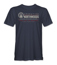 The Alex Jones Store - navy Operation Northwoods t-shirt with a globe-and-fighter-jet roundel beside OPERATION NORTHWOODS, with PLANNED. EXECUTED. DENIED. underneath