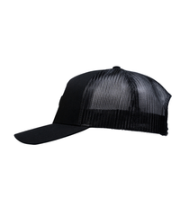 The Alex Jones Store - Opposite side view of black trucker hat with mesh back and curved brim, Rebellion To Tyrants Is Obedience To God patch hat