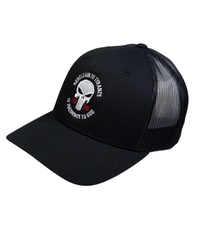 The Alex Jones Store - Black trucker hat with 'Rebellion To Tyrants Is Obedience To God' embroidered skull and 1776 patch on front, black mesh back