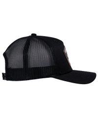 The Alex Jones Store - Support Your Local ICE Raid Trucker Patch Hat — Black trucker patch hat right side view showing curved brim, black mesh side panels and snapback closure