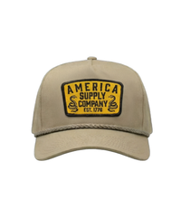 The Alex Jones Store - Front view of tan rope-brim cap with yellow America Supply Company Est. 1776 patch featuring twin rattlesnake design