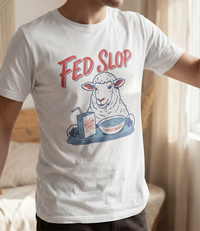 The Alex Jones Store - Male model wearing white Fed Slop t-shirt with cartoon sheep design eating trusted source slop and official story drink