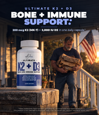 Ultimate K2 + D3 bottle on a porch rail beside a man carrying firewood: Bone + Immune Support