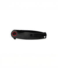 The Alex Jones Store - Reverse closed view of Alex Jones Micarta Handle Blade with black micarta scales, deep-carry pocket clip and red pivot detail