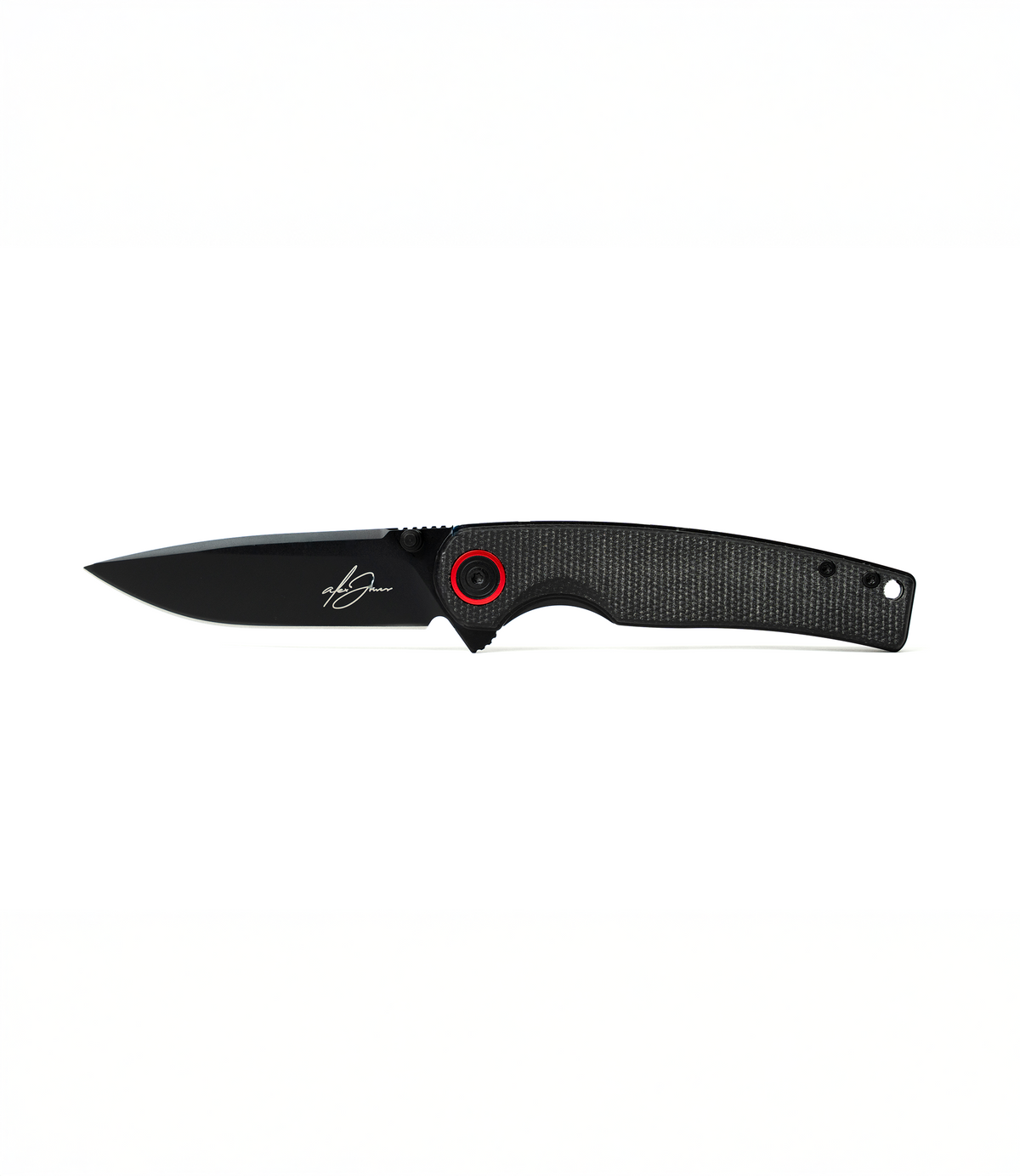 The Alex Jones Store - Alex Jones Micarta Handle Blade with black textured micarta handle, black-coated drop-point blade and red pivot accent, open