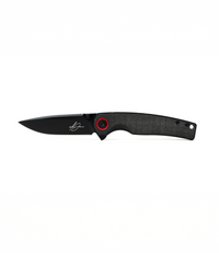 The Alex Jones Store - Alex Jones Micarta Handle Blade with black textured micarta handle, black-coated drop-point blade and red pivot accent, open